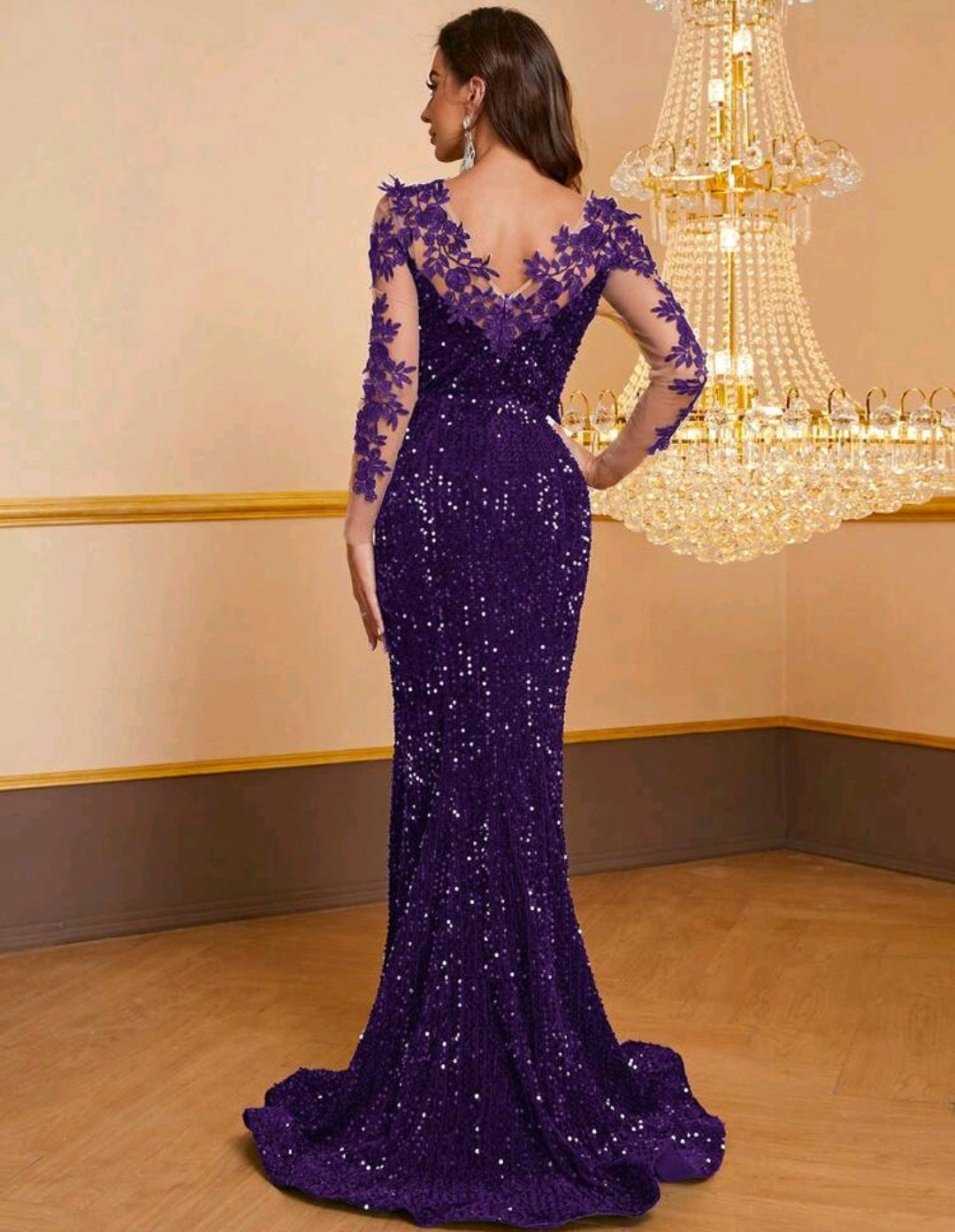 Vestido morado lentejuelas manga larga con transparencia