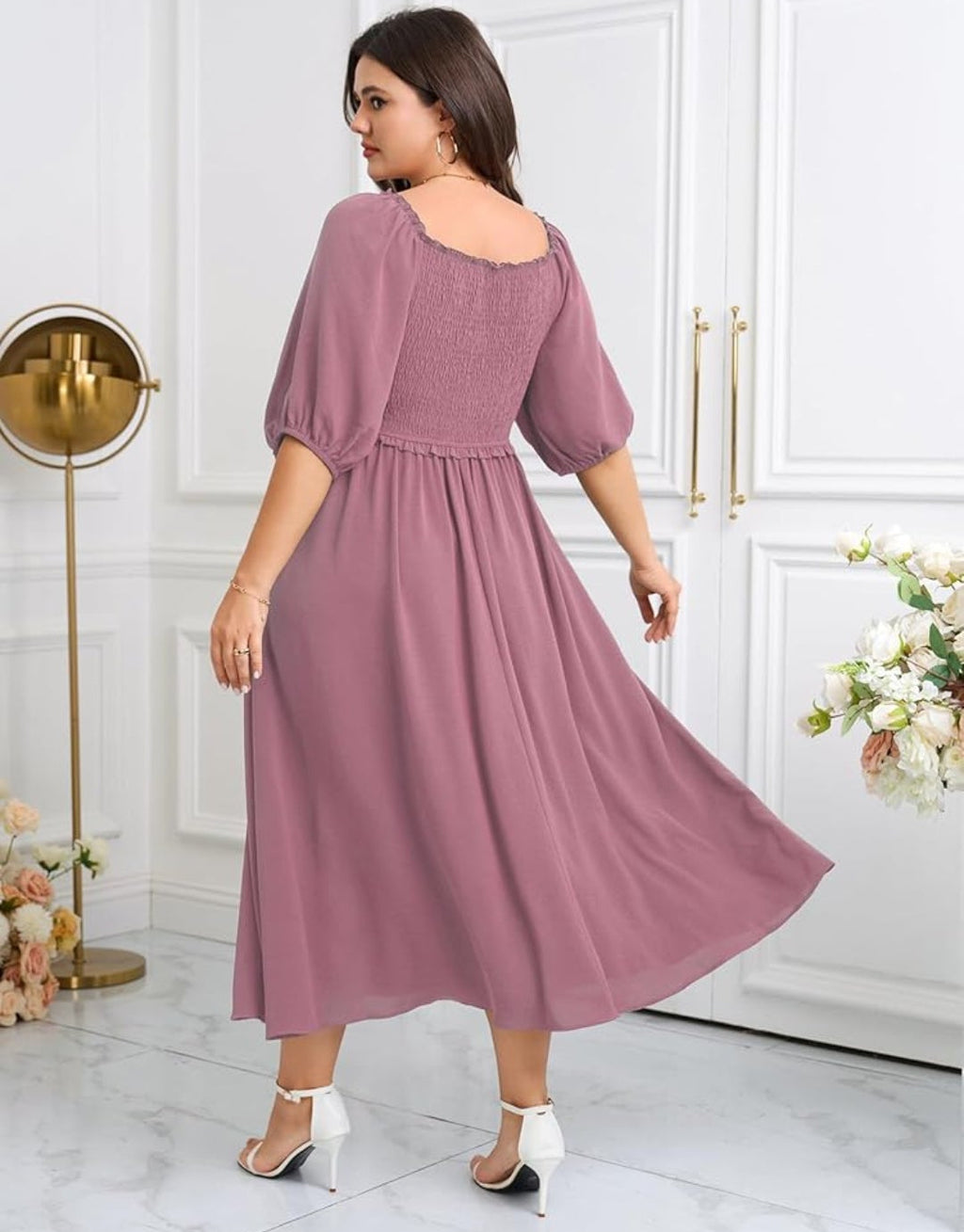 Vestido palo rosa oscuro manga 3/4 corte A