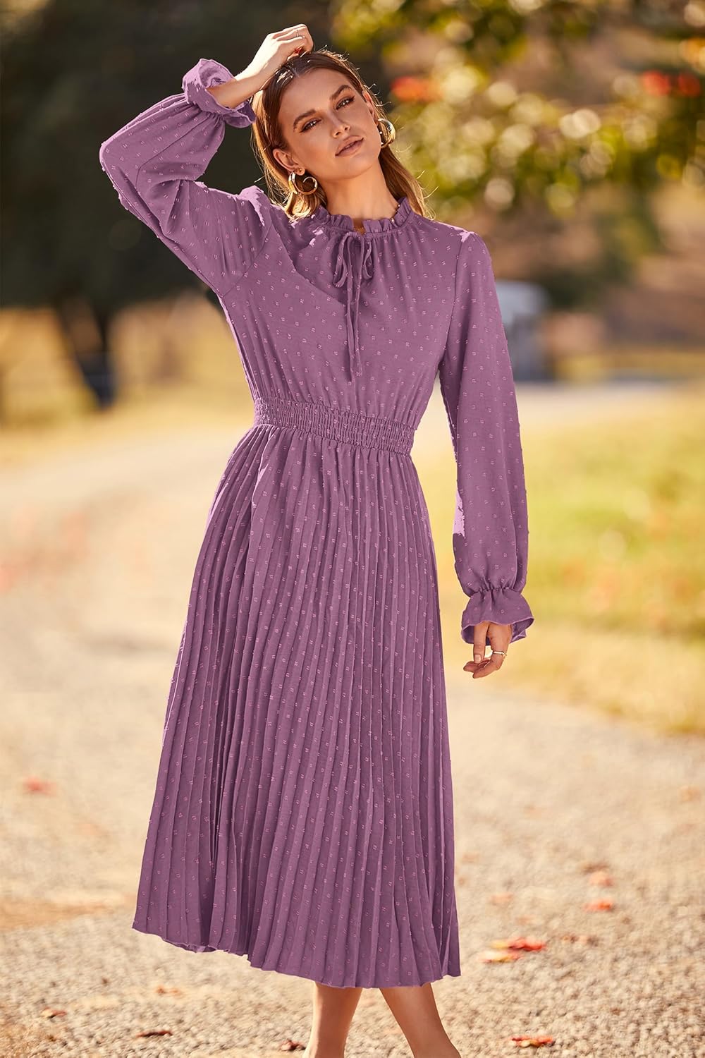 Vestido mauve claro manga larga plisado