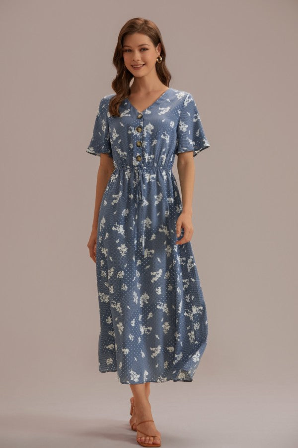 Vestido dusty blue con estampado manga corta