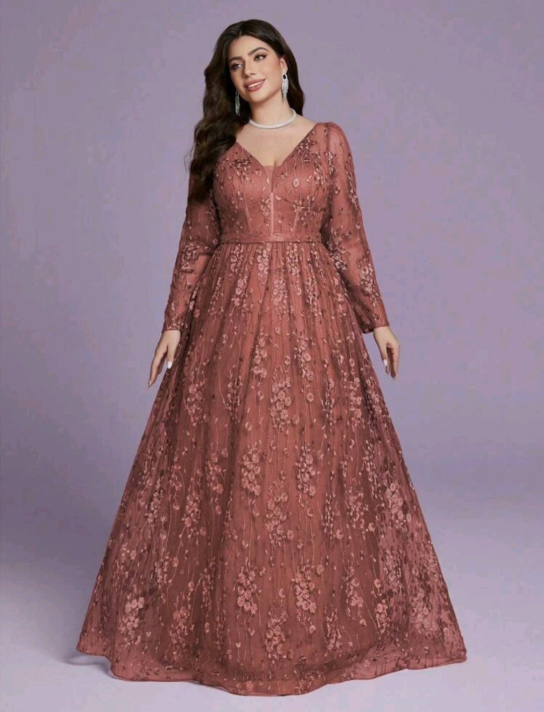 Vestido coral oscuro manga larga corte A