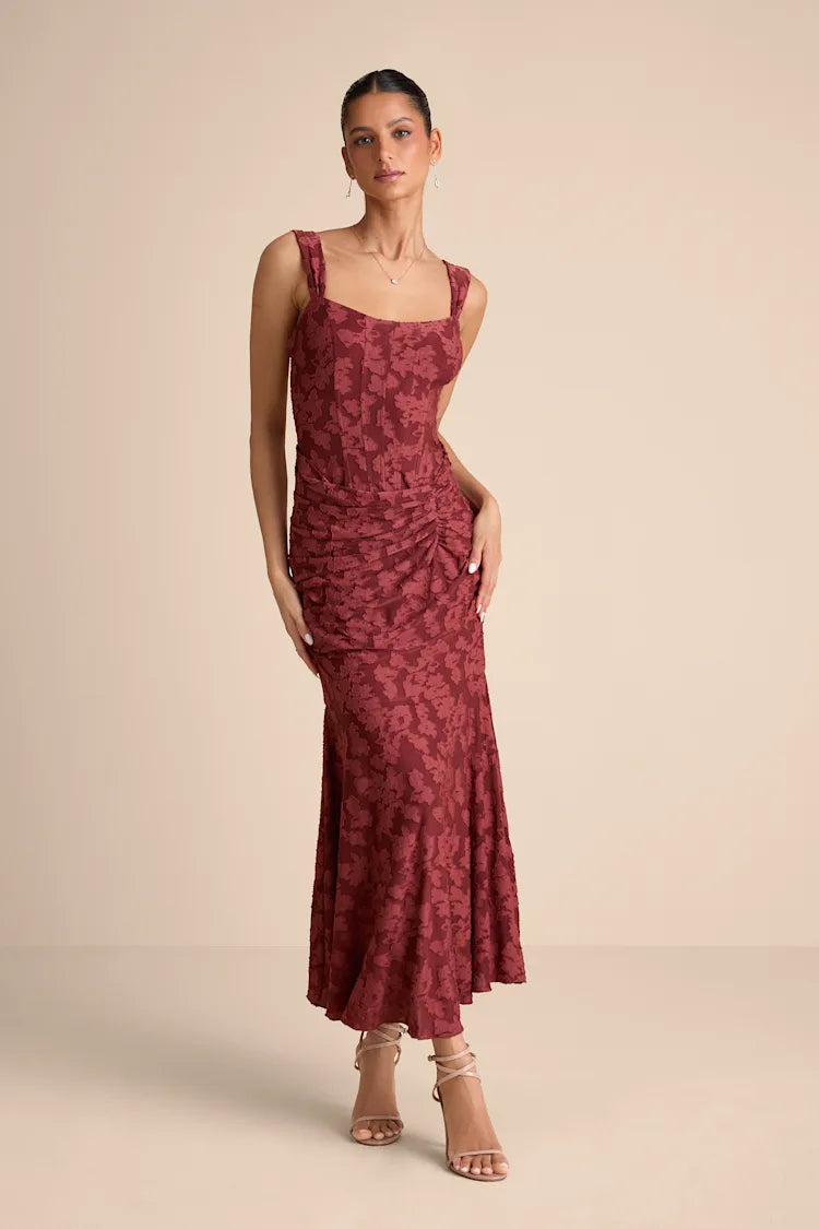 Vestido Terracota con varillas estampado floral stretch