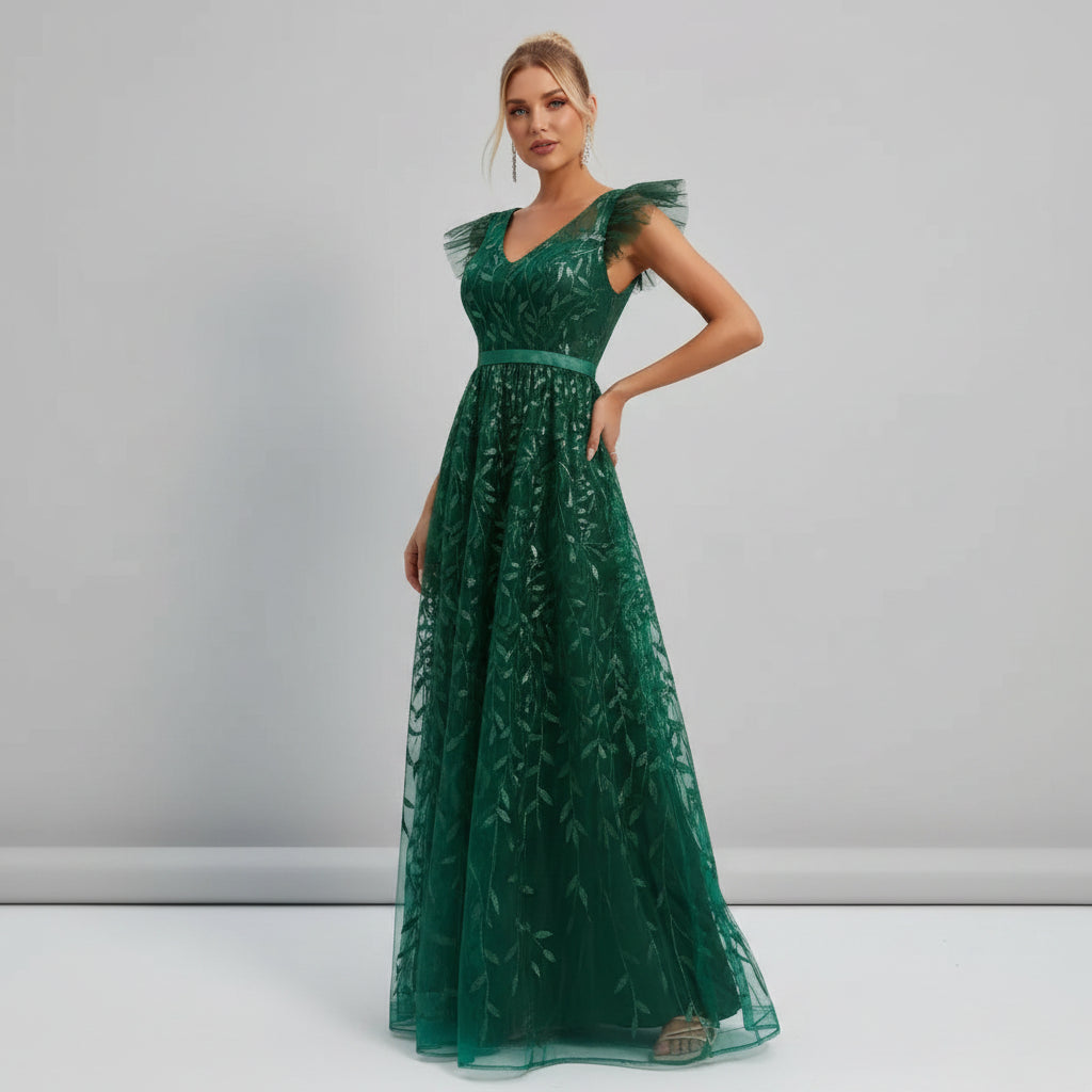 Vestido lentejuelas y tul corte A verde esmeralda