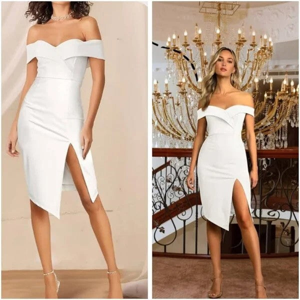 Vestido blanco formal con abertura y manga caída