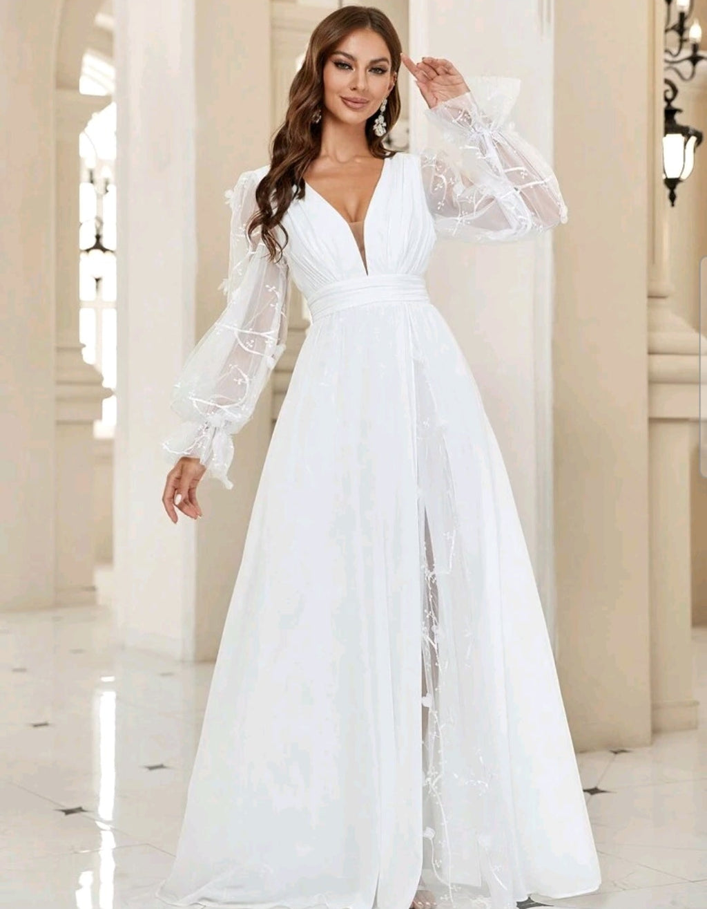 Vestido de Novia/Formal A-Line con Escote en V y Mangas de Gasa Bordadas