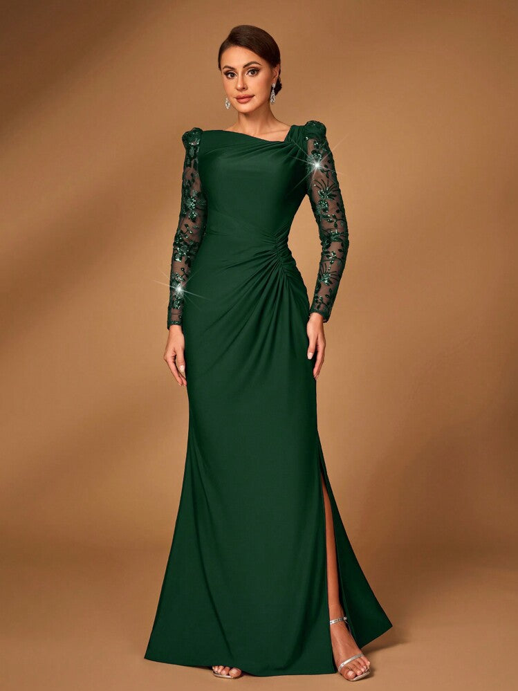 Vestido verde esmeralda manga larga lentejuelas con transparencia