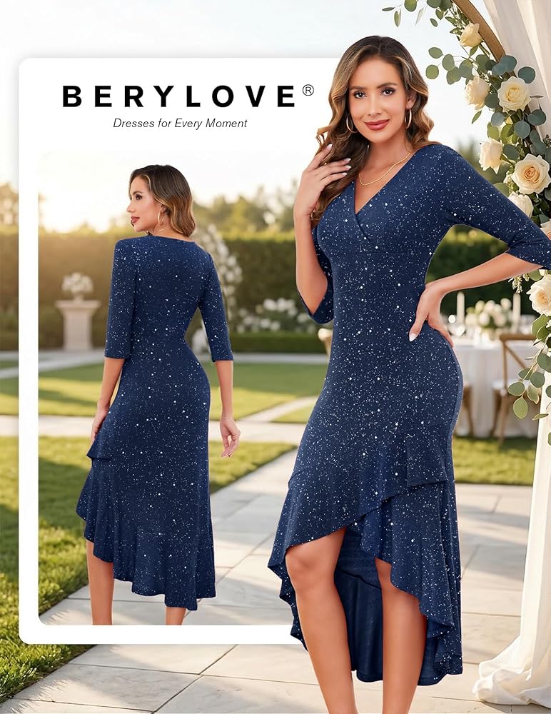 Vestido azul marino manga 3/4 cola de pato con brillo