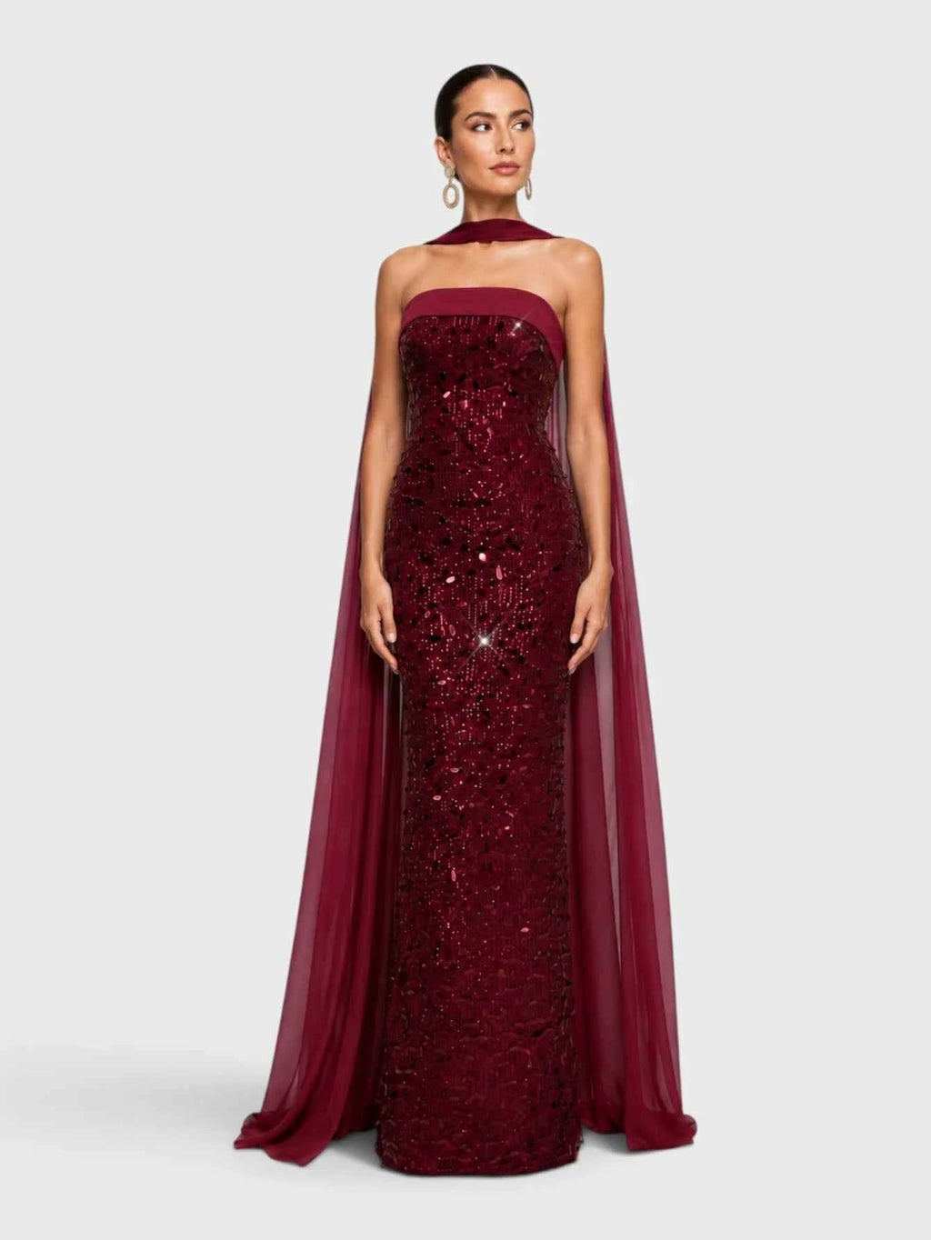 Vestido vino lentejuelas straple corte recto