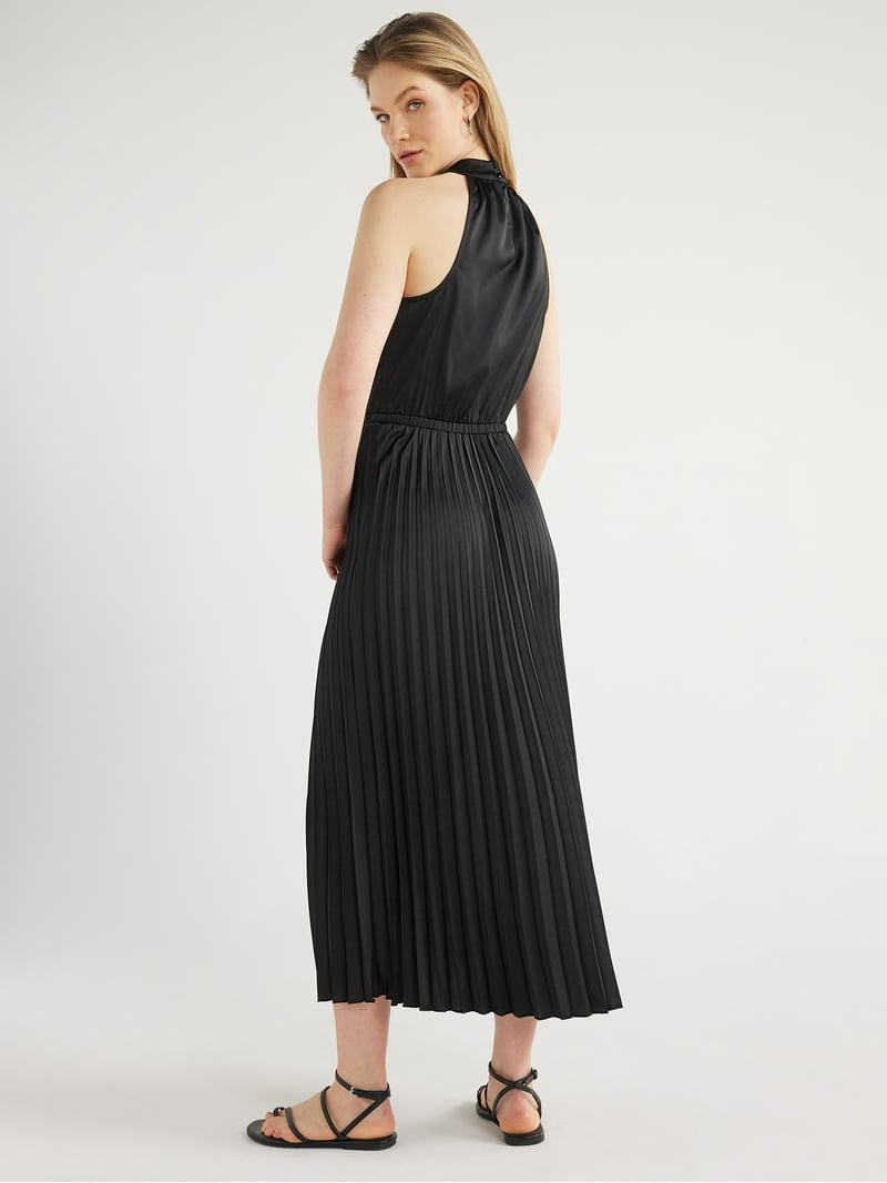 Vestido negro formal midi, falda plisada