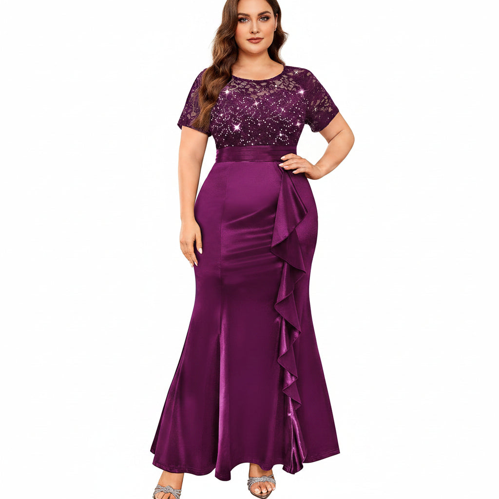 Vestido mangenta encaje lentejuelas y falda satinada