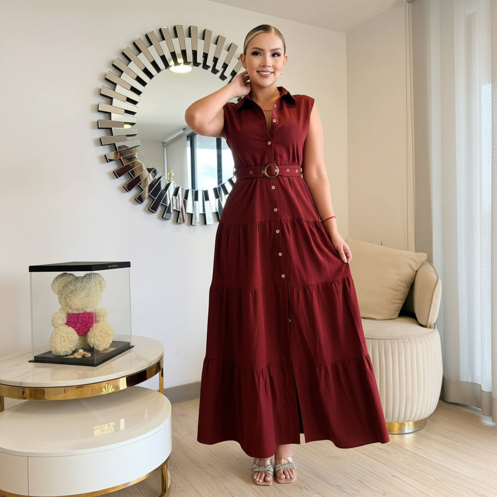 Vestido vino sin manga con botones dorados
