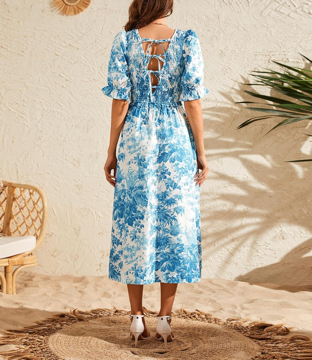 Vestido blanco con estampado floral celeste casual midi