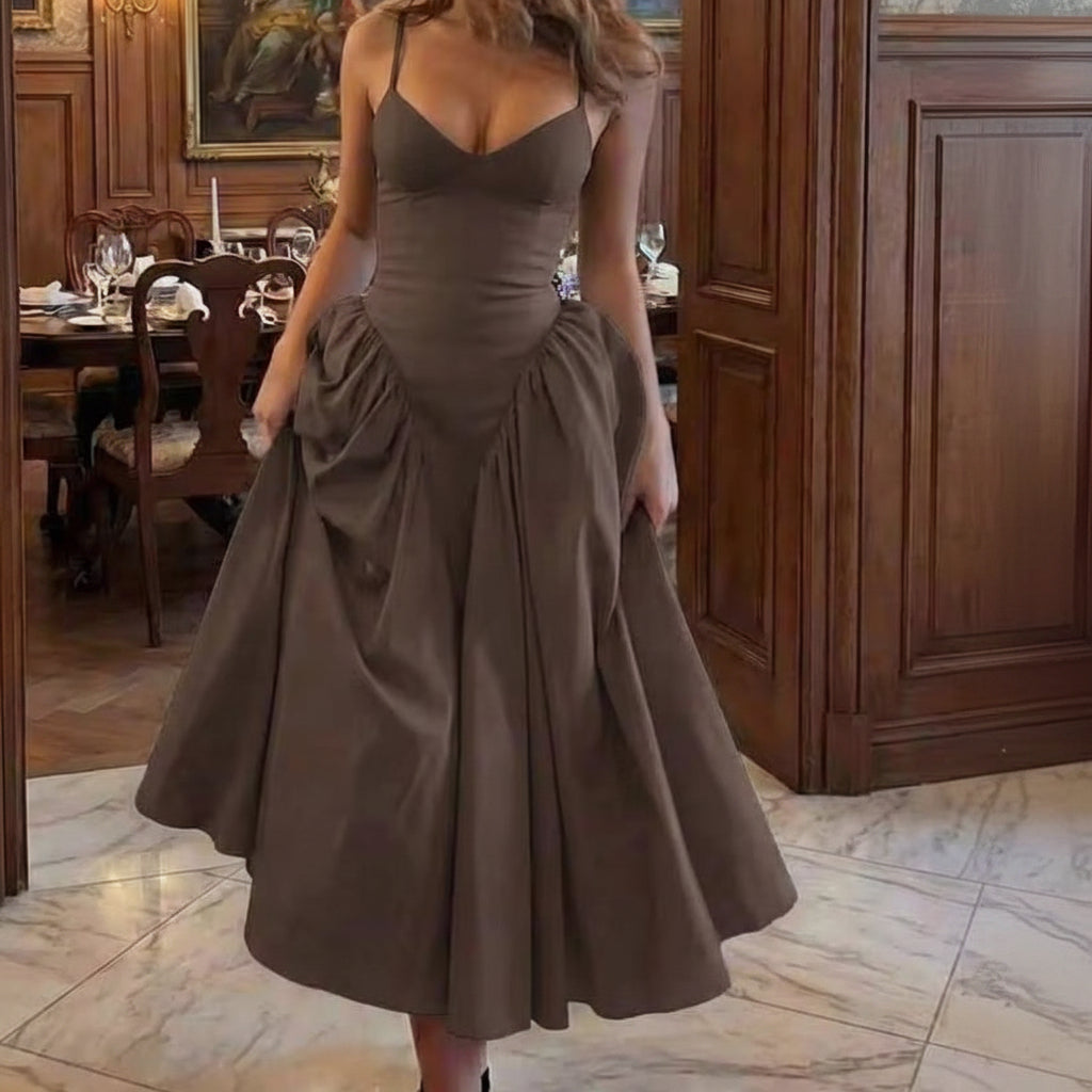 Vestido café con escote pronunciado corsé ajustable midi