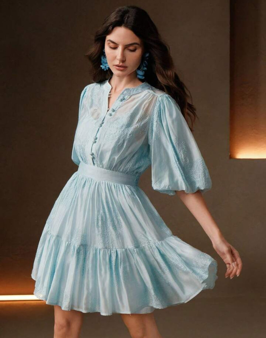 Vestido celeste manga corta bombacha corte A