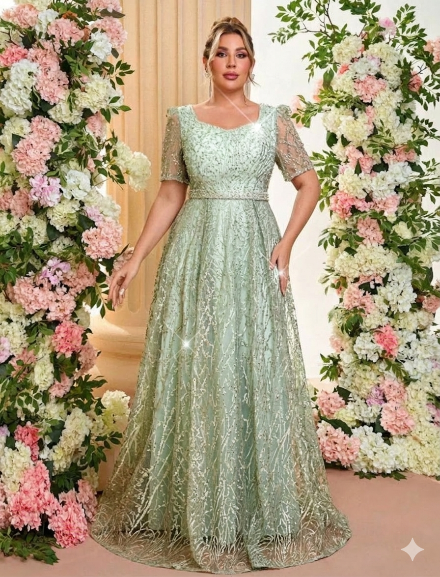 Vestido verde sage con bordado lentejuelas
