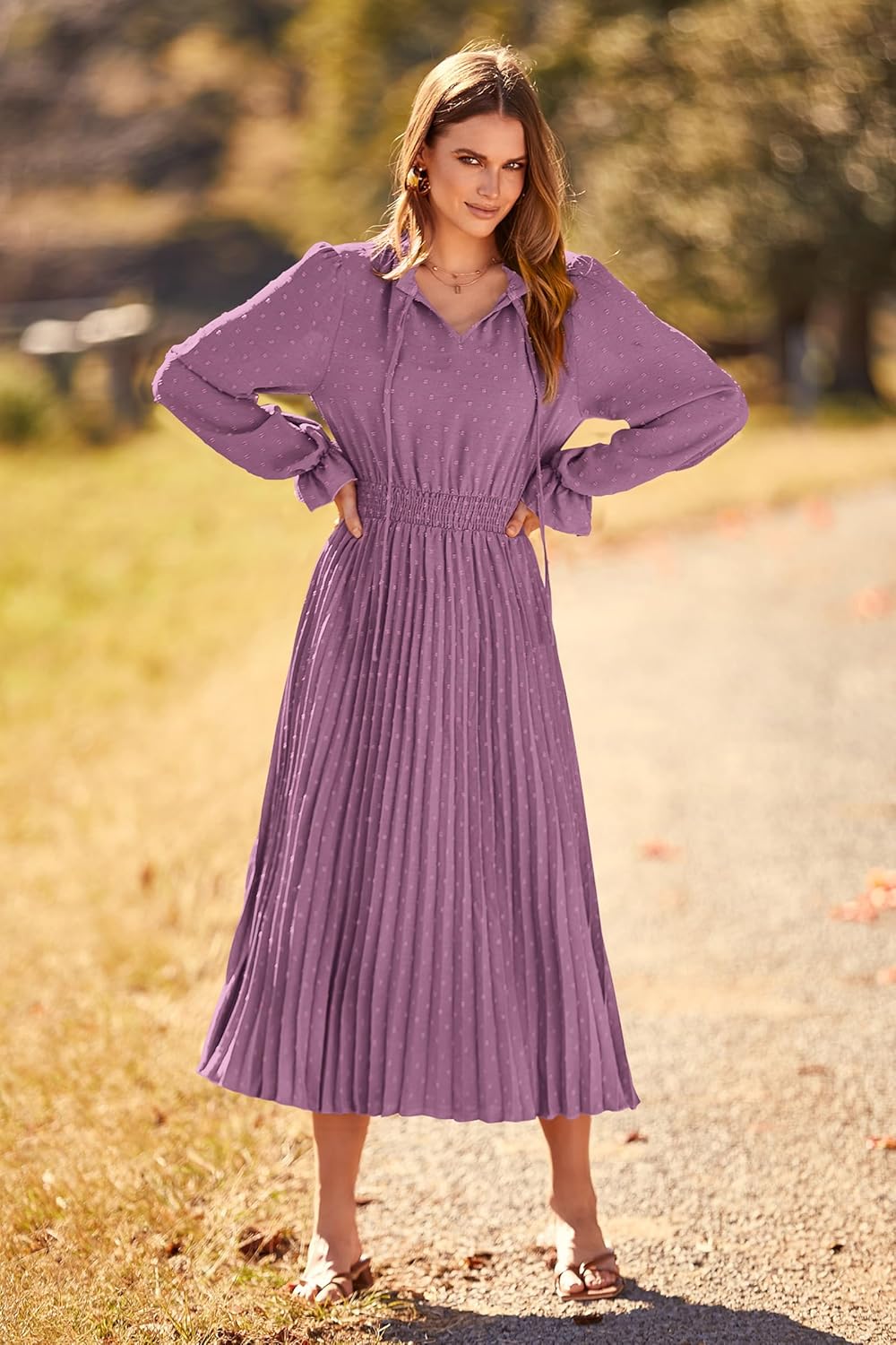 Vestido mauve claro manga larga plisado