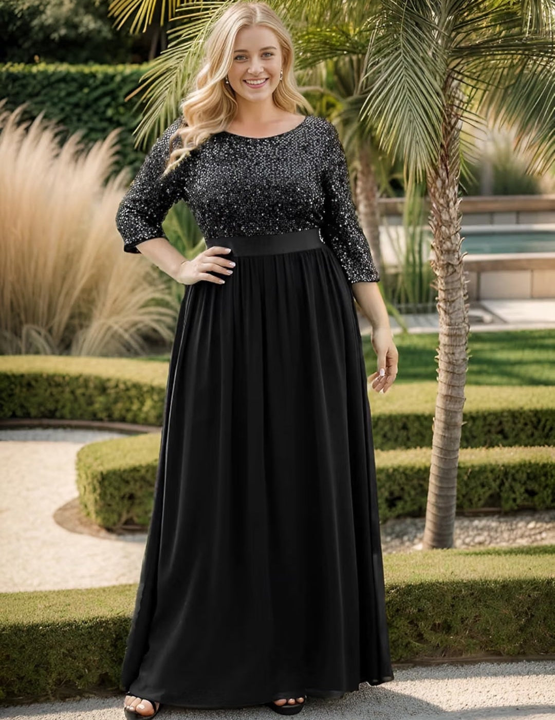 Vestido negro lentejuelas manga 3/4 y falda chiffon