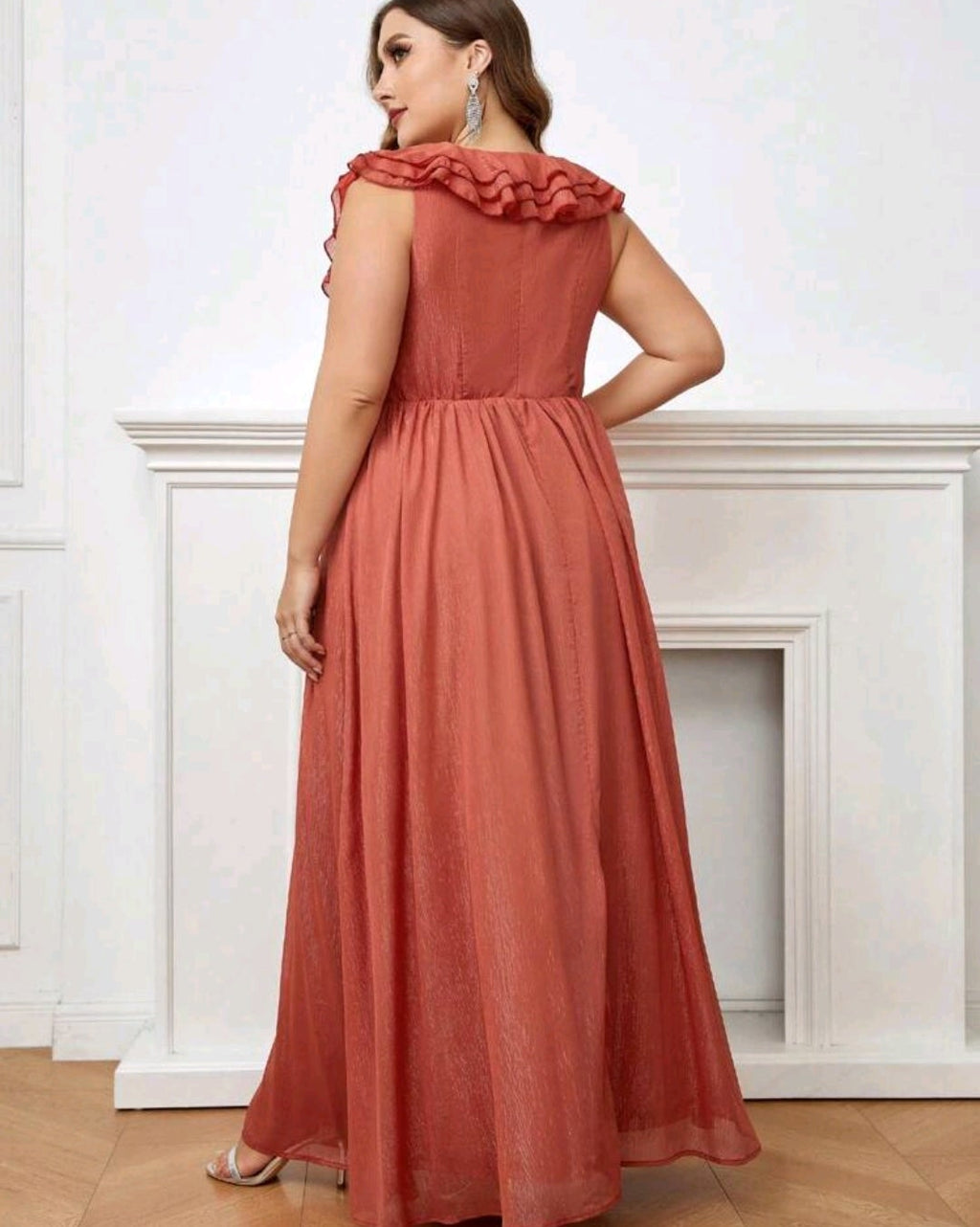 Vestido Terracota manga peplum corte A brillo sutil