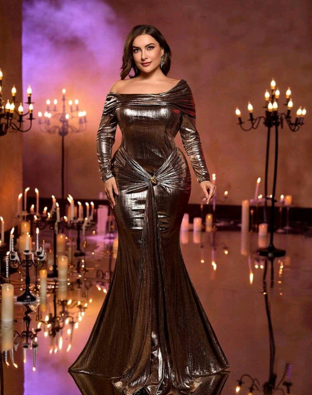 Vestido bronze metálico manga larga corte sirena