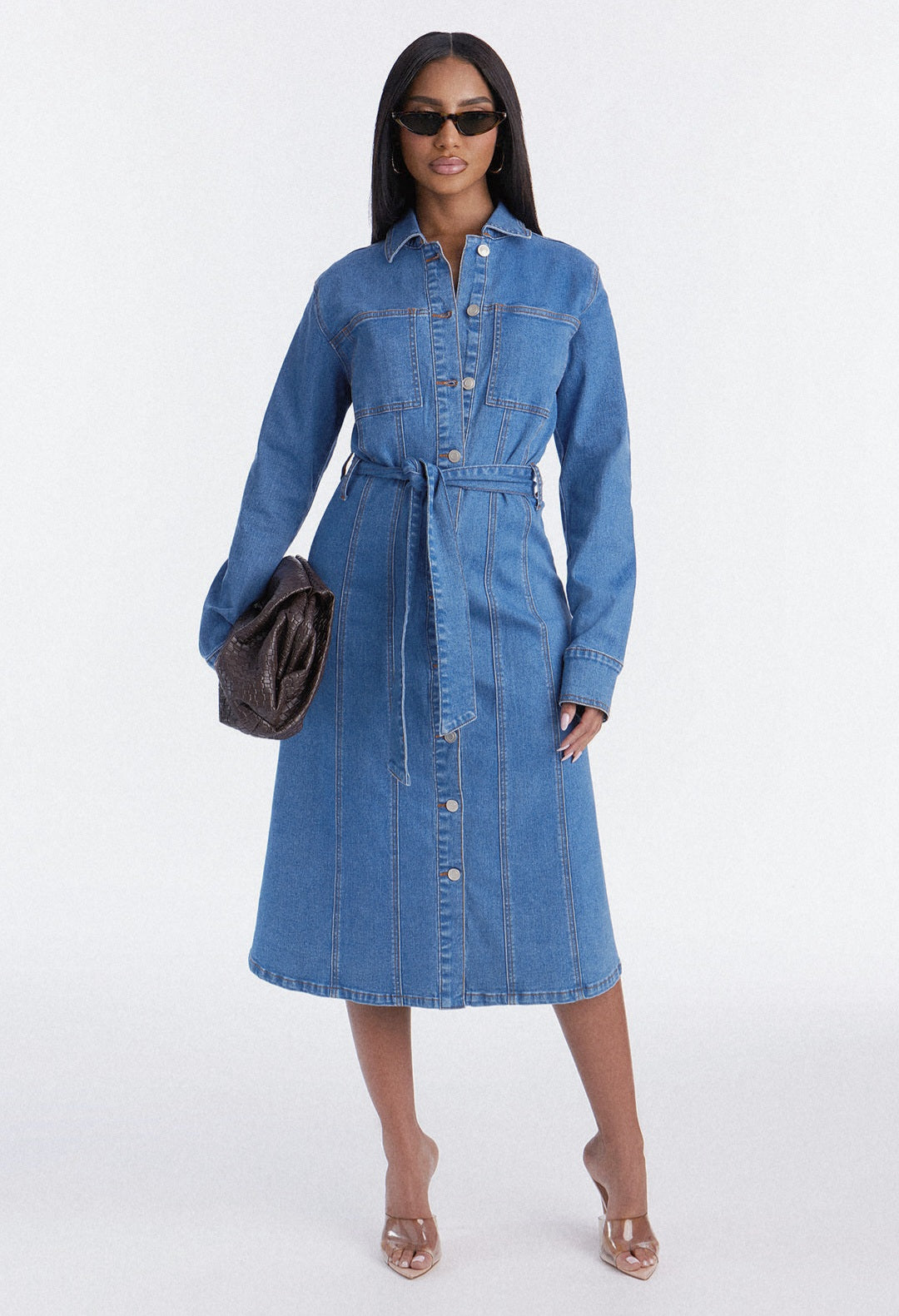 Vestido denim azul claro manga larga con botones