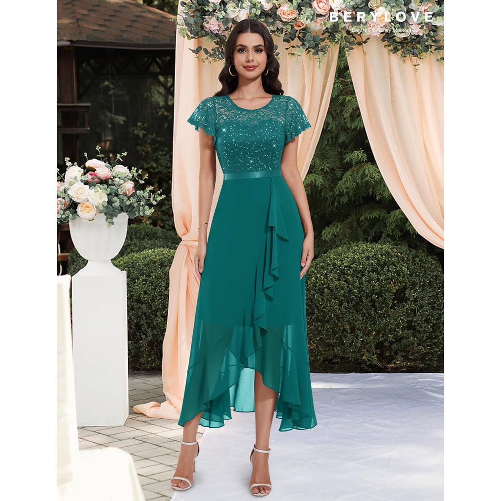 Vestido turquesa encaje lentejuelas y falda chiffon