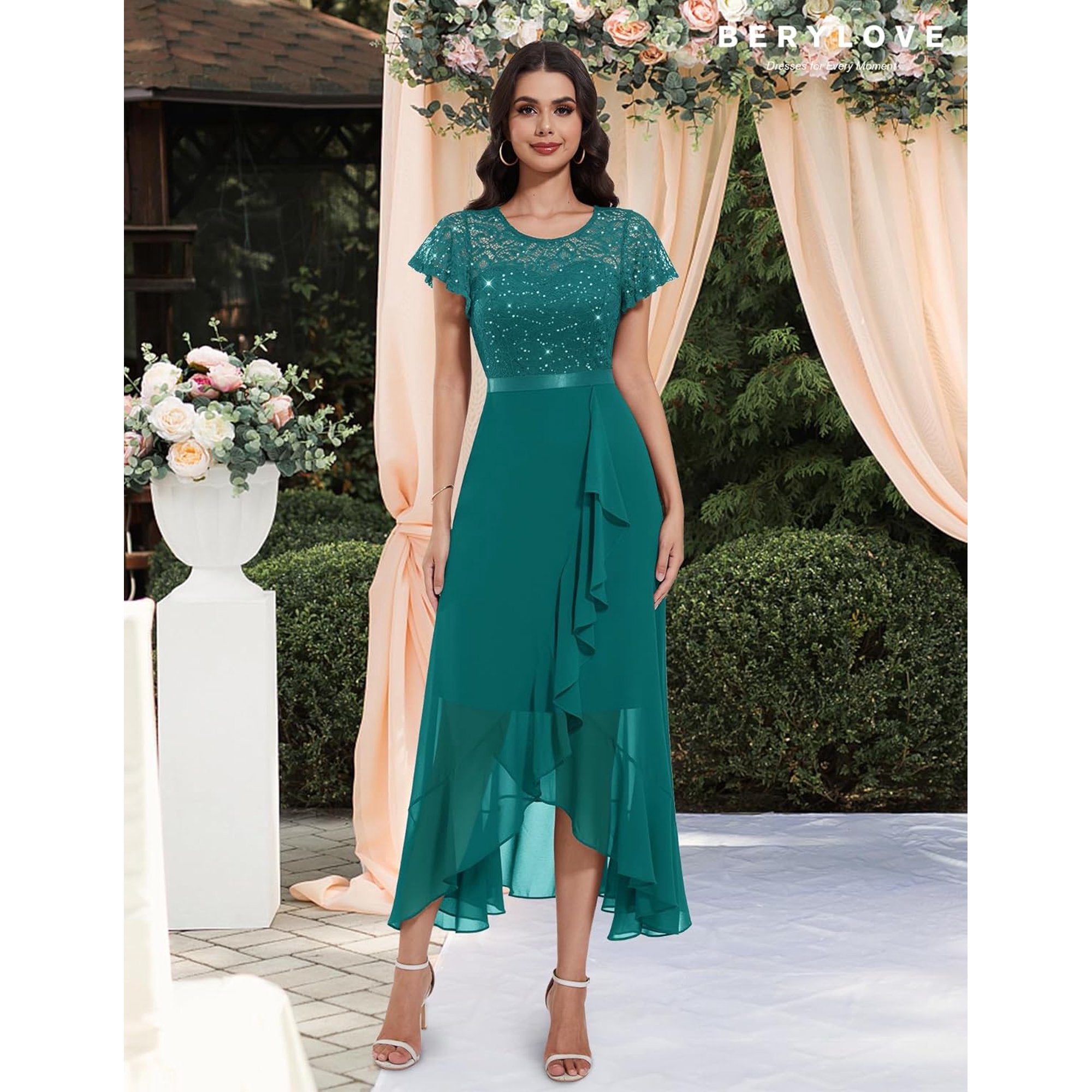 Vestido turquesa encaje lentejuelas y falda chiffon