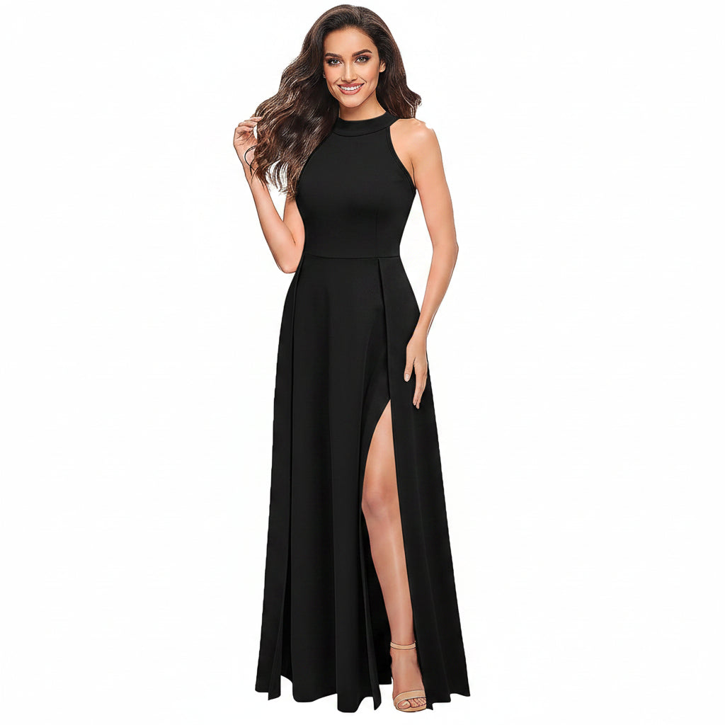 Vestido negro cuello alto con 2 aberturas