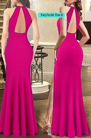 Vestido fucsia espalda abierta con abertura lateral con brillo