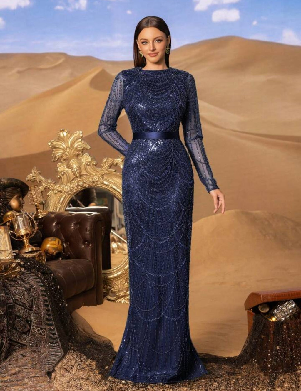 Vestido manga larga azul marino