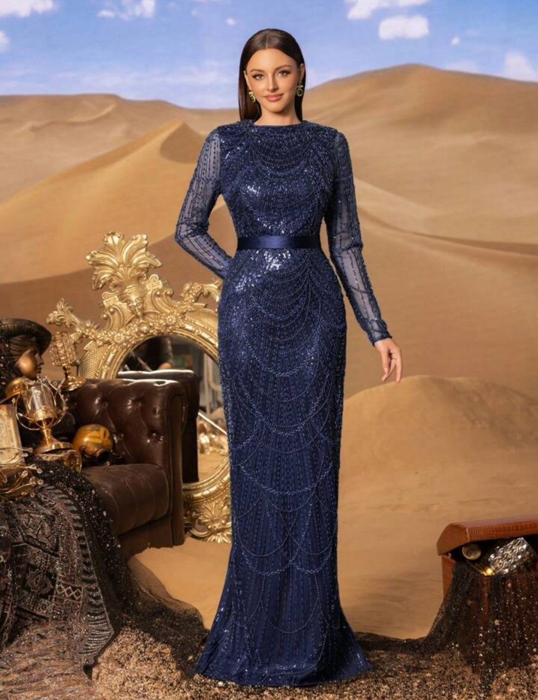 Vestido manga larga azul marino