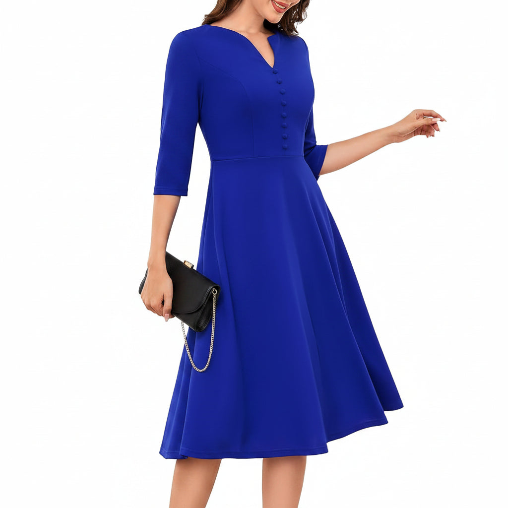 Vestido azul rey formal midi manga 3/4