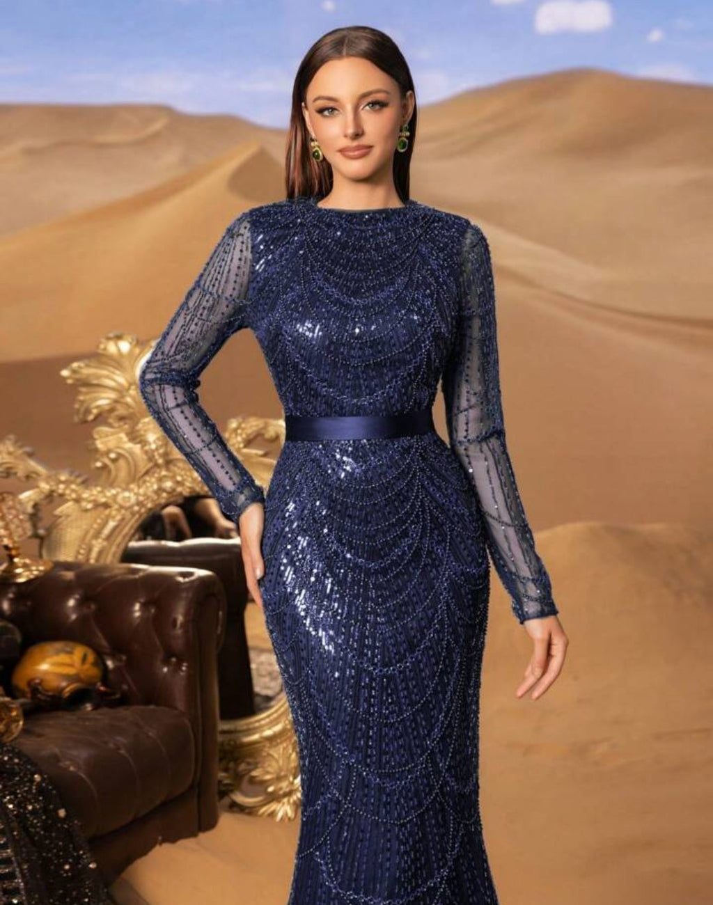 Vestido manga larga azul marino