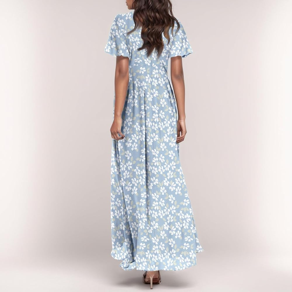 Vestido celeste con estampado floral blanco y gris