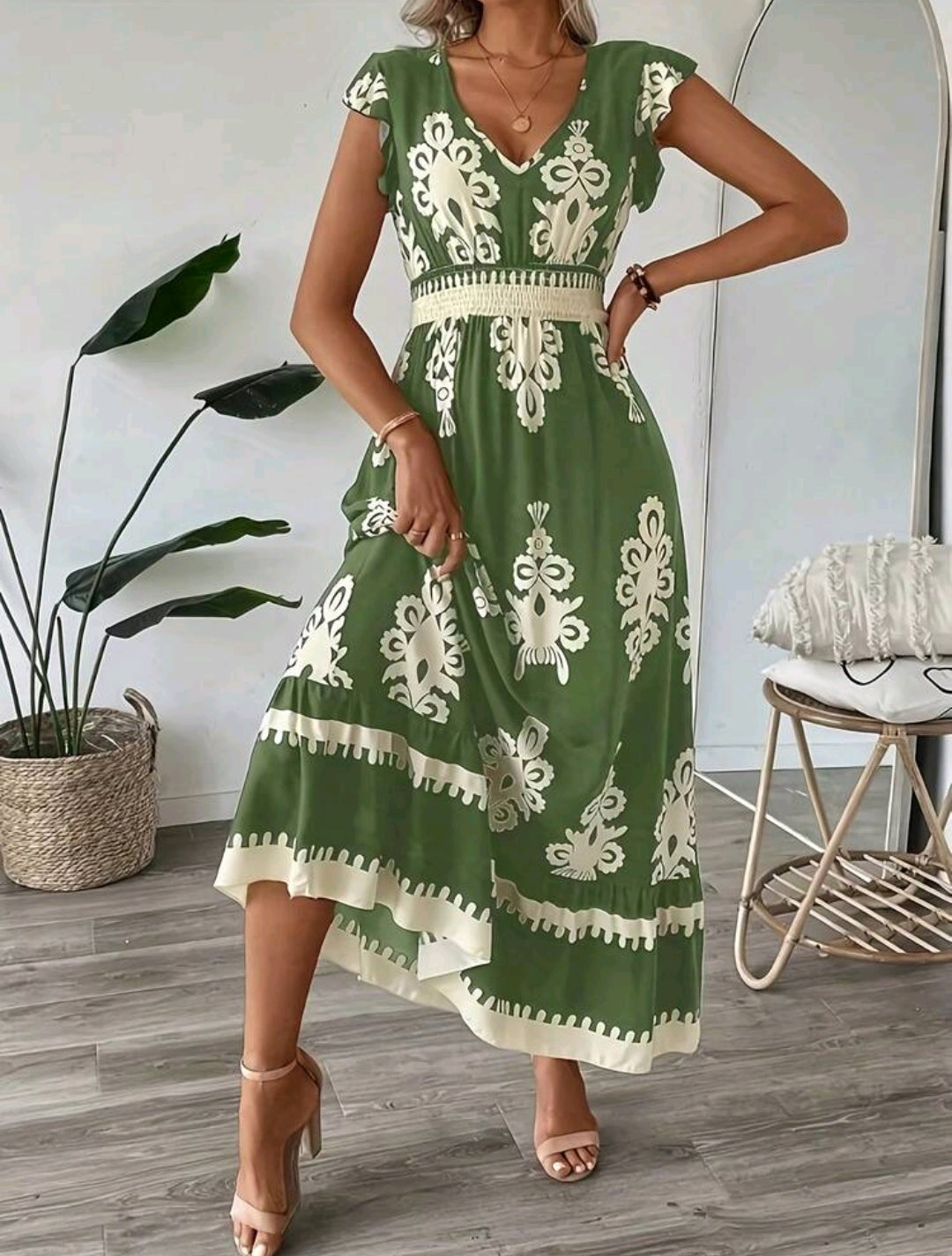 Vestido casual verde con estampado bohemio