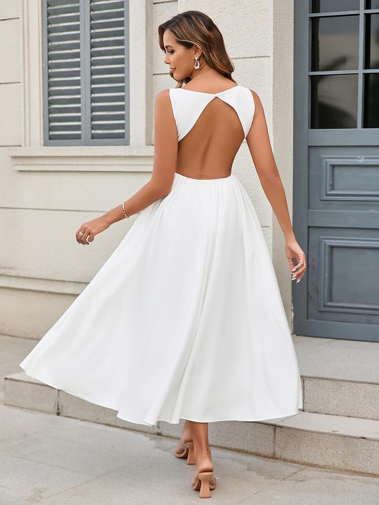 Vestido blanco espalda semi abierta formal midi
