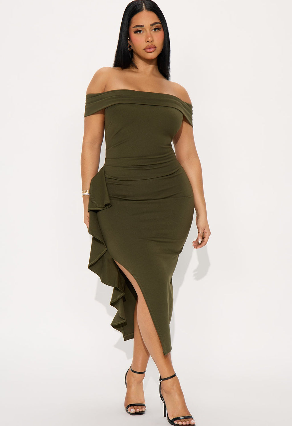 Vestido midi verde oliva off-the-shoulder