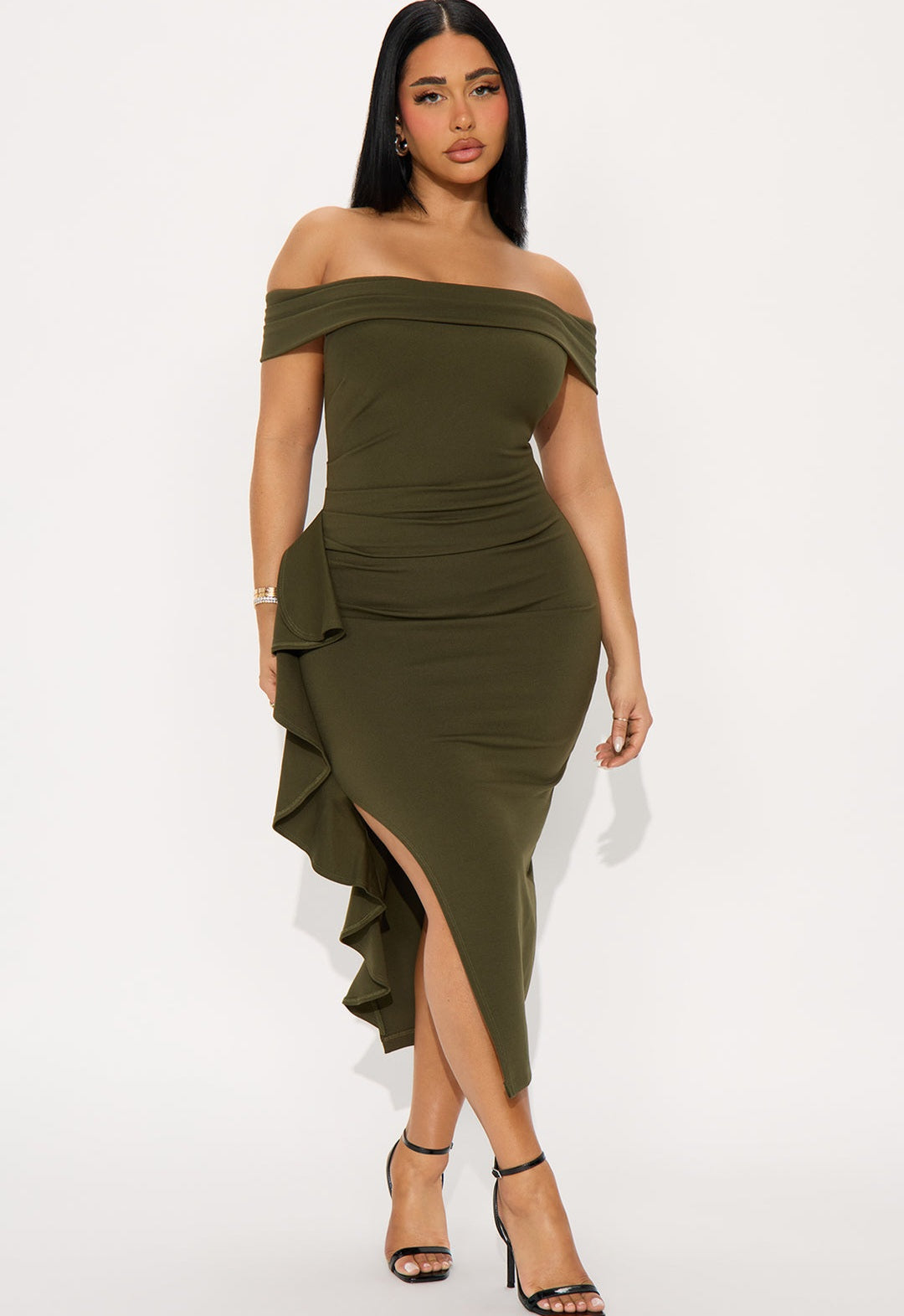 Vestido midi verde oliva off-the-shoulder