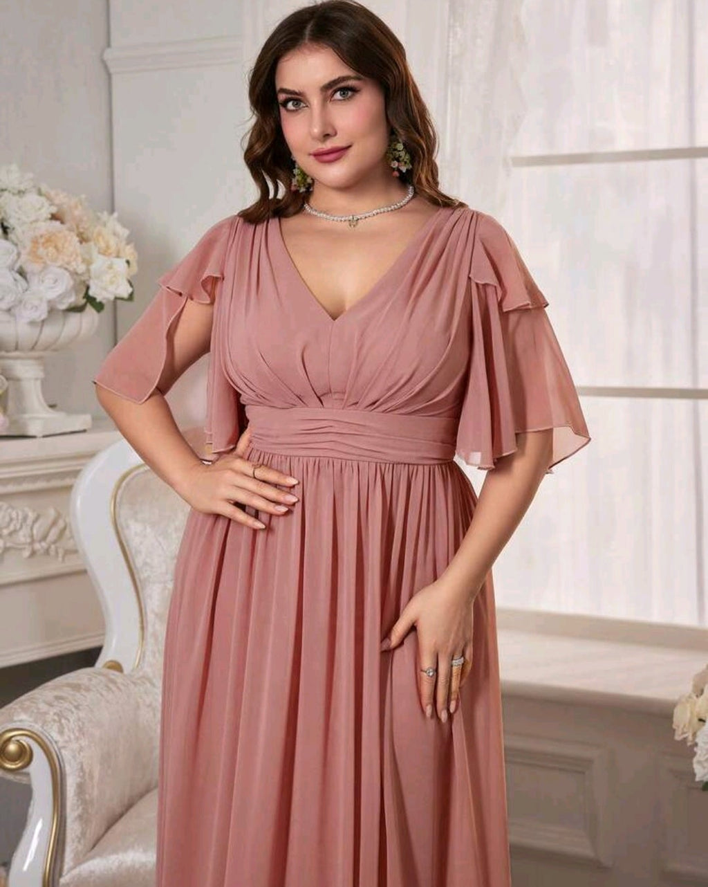 Vestido rosa canela manga corta cuello V