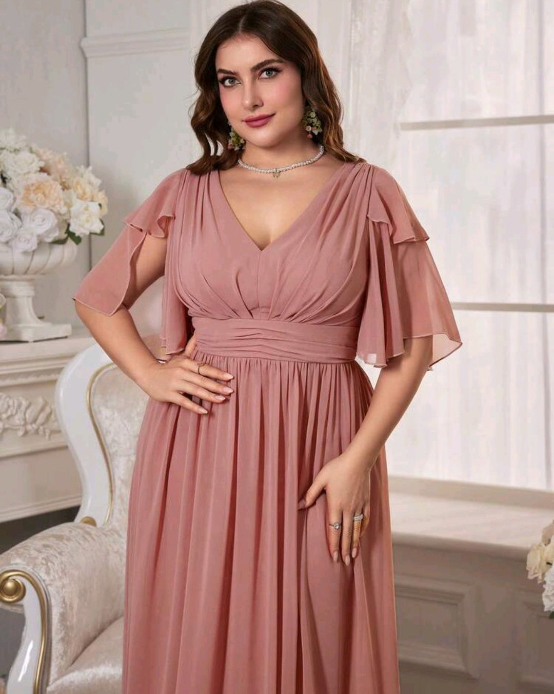 Vestido rosa canela manga corta cuello V