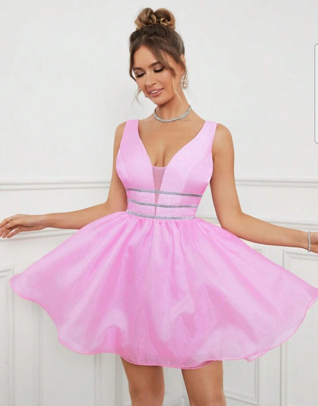 Vestido rosado rayas plateaxas corte A tirante grueso