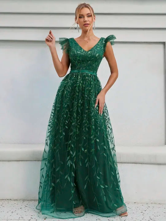 Vestido lentejuelas y tul corte A verde esmeralda