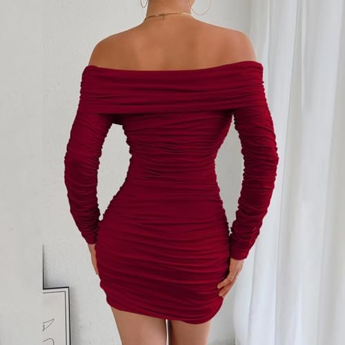 Vestido vino manga larga off-the-shoulder mini