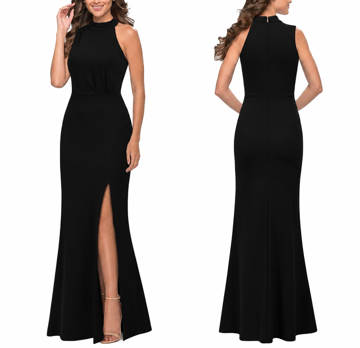 Vestido negro cuello alto con abertura lateral