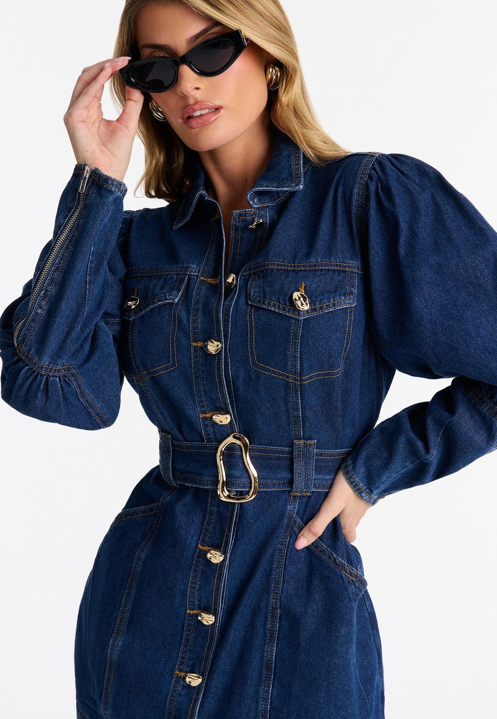 Vestido denim azul oscuro manga larga bombacha