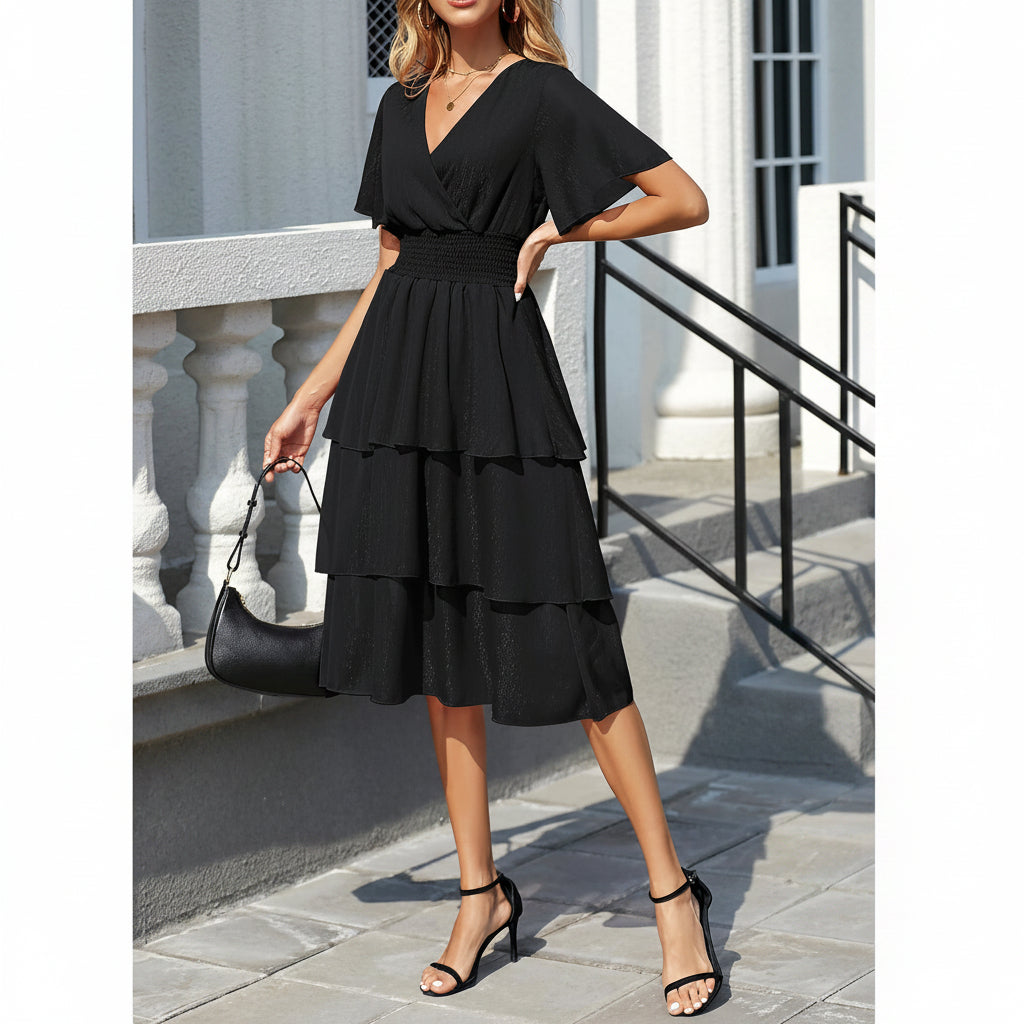 Vestido midi negro con capas y brillo manga corta