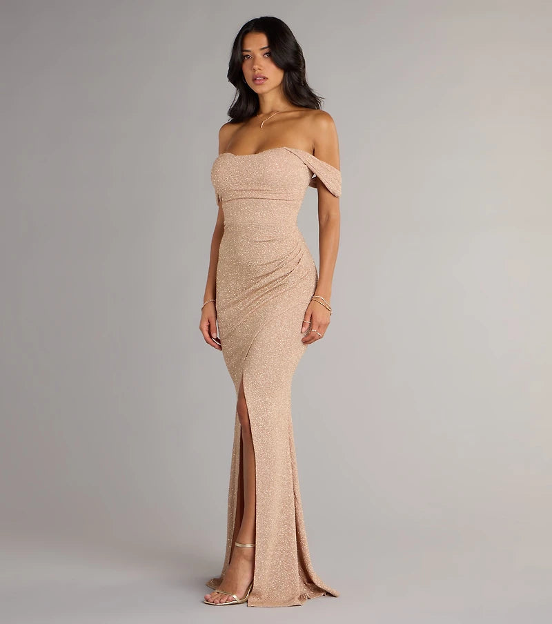 Vestido Airlie champán off-the-shoulder con brillo
