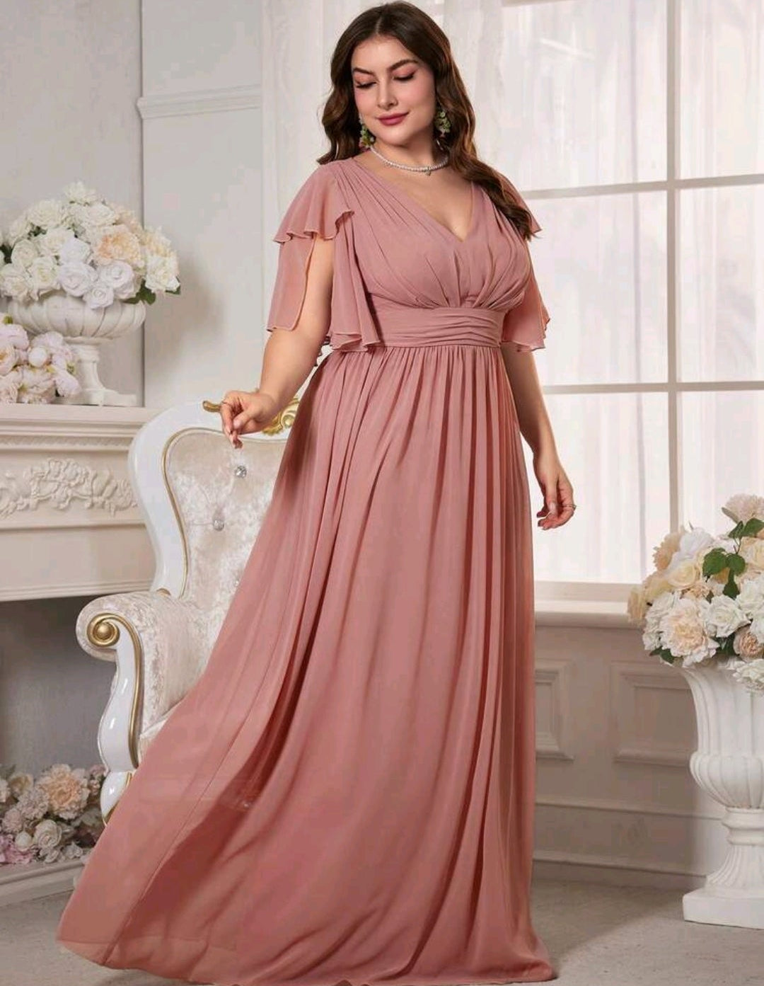 Vestido rosa canela manga corta cuello V