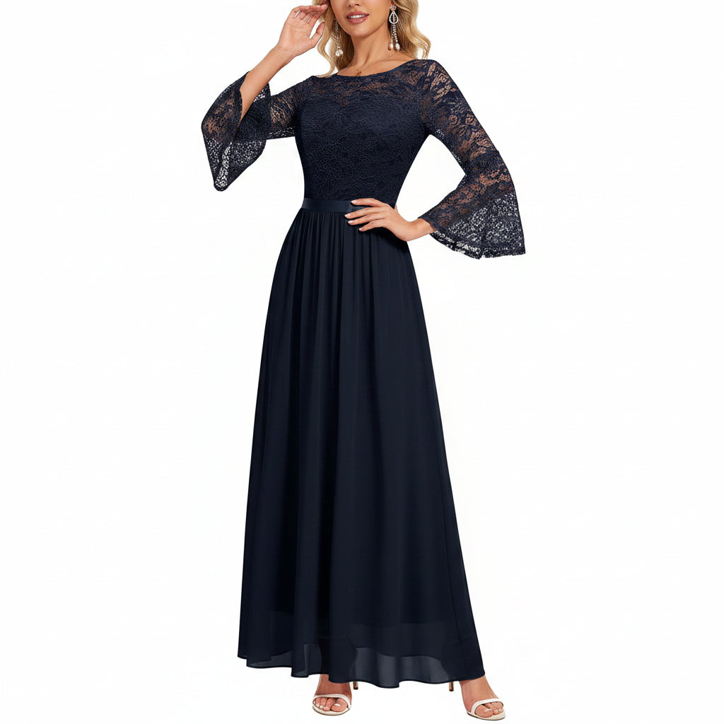 Vestido azul oscuro encaje y falda chiffon