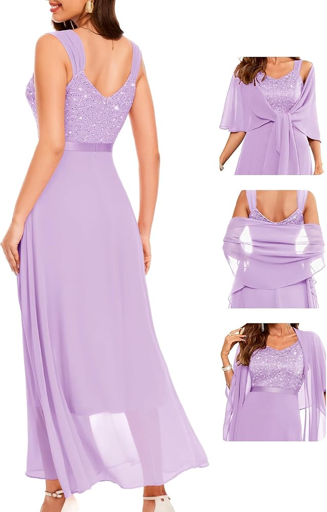 Vestido lila encaje y lentejuelas falda chiffon