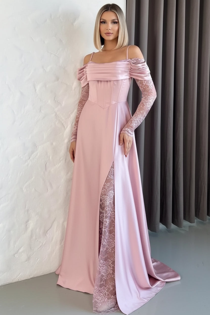 Vestido rosa claro manga larga off-the-shoulder corte A